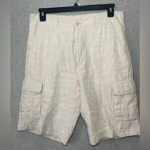 Caribbean 100%Linen Men Cargo Shorts Zip Pockets Cream Sz 33